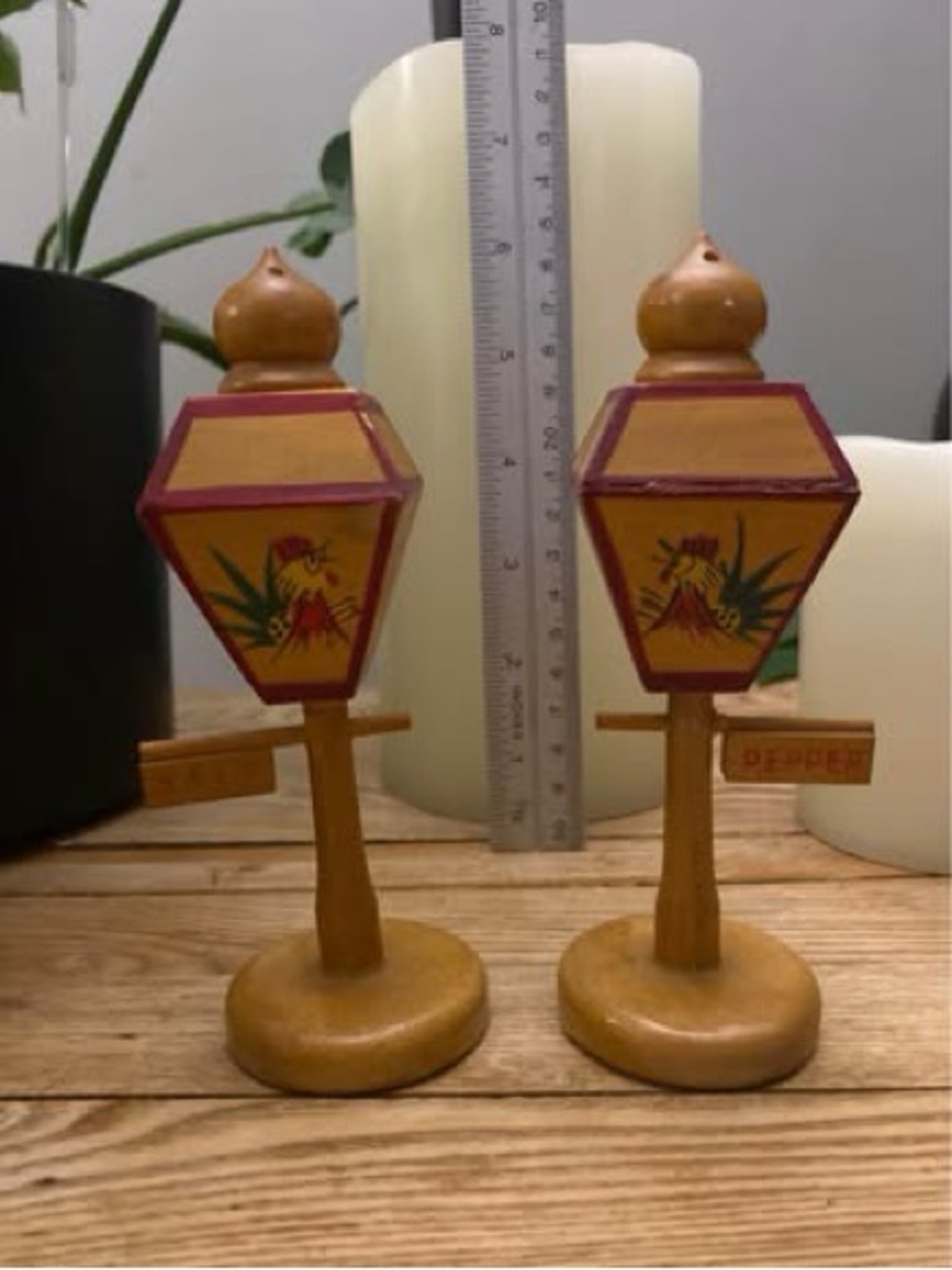 Vintage Wooden Lantern Salt & Pepper Shakers Rooster Lamp Post Mid Century